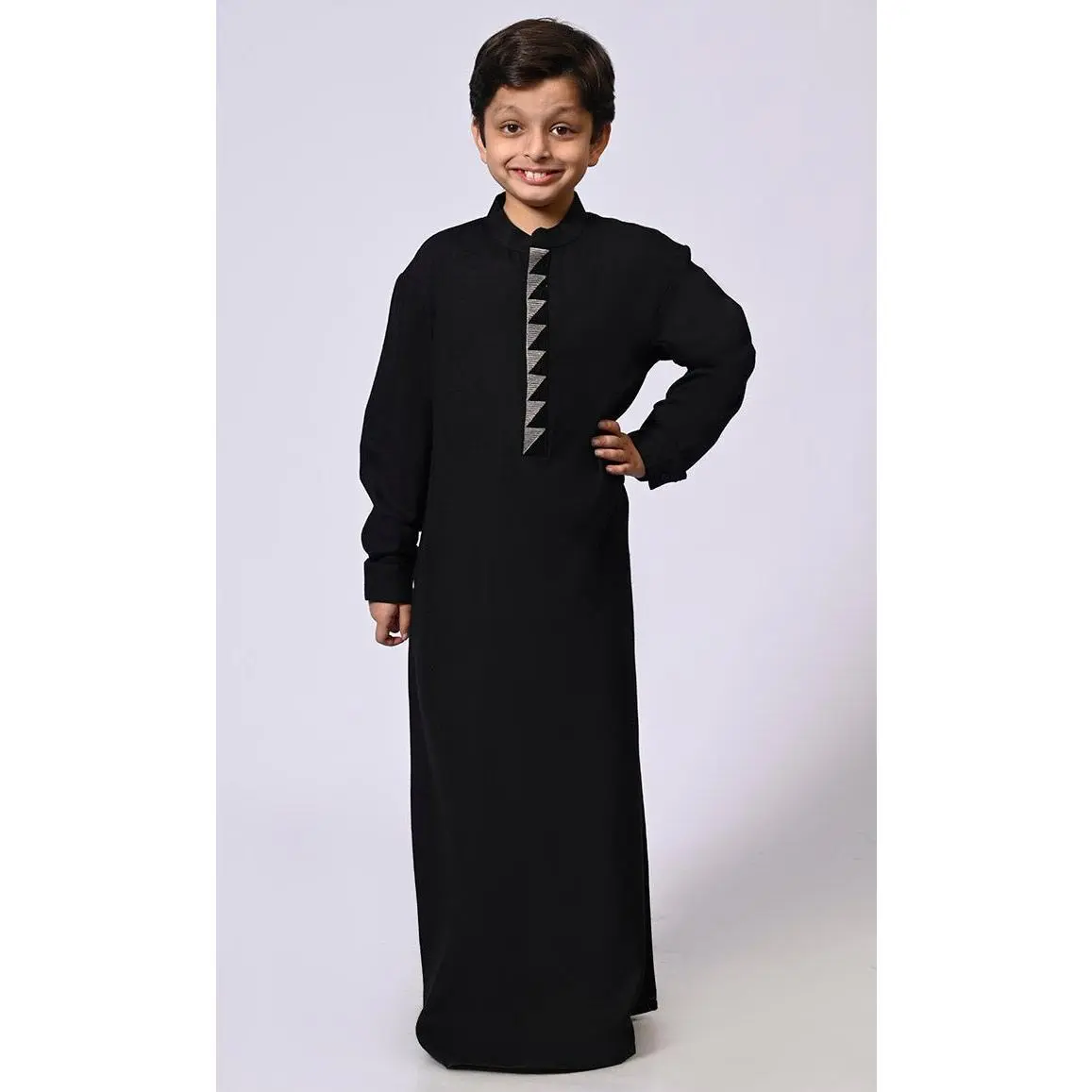 Boy's Black Thobe with Geometrical Embroidery detailing and Pockets