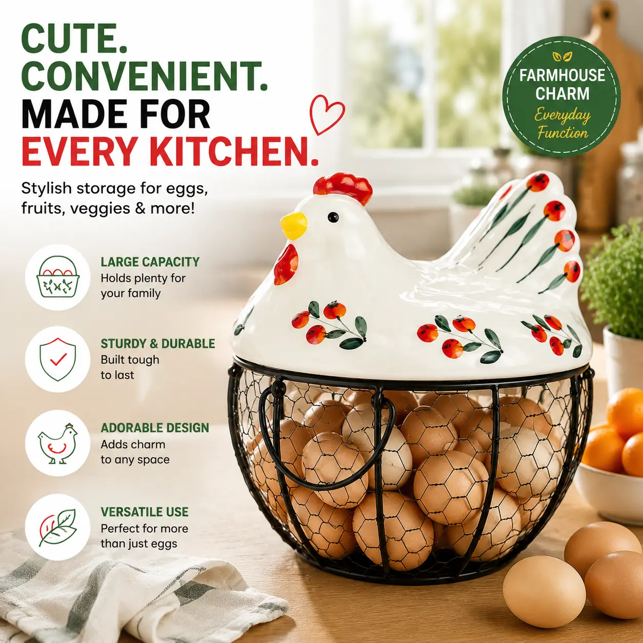 Farmhouse Egg Basket with Lid, Wire Chicken Egg Holder for Kitchen Countertop, Rustic Metal Storage Organizer Basket for Eggs, Fruits & Small Items