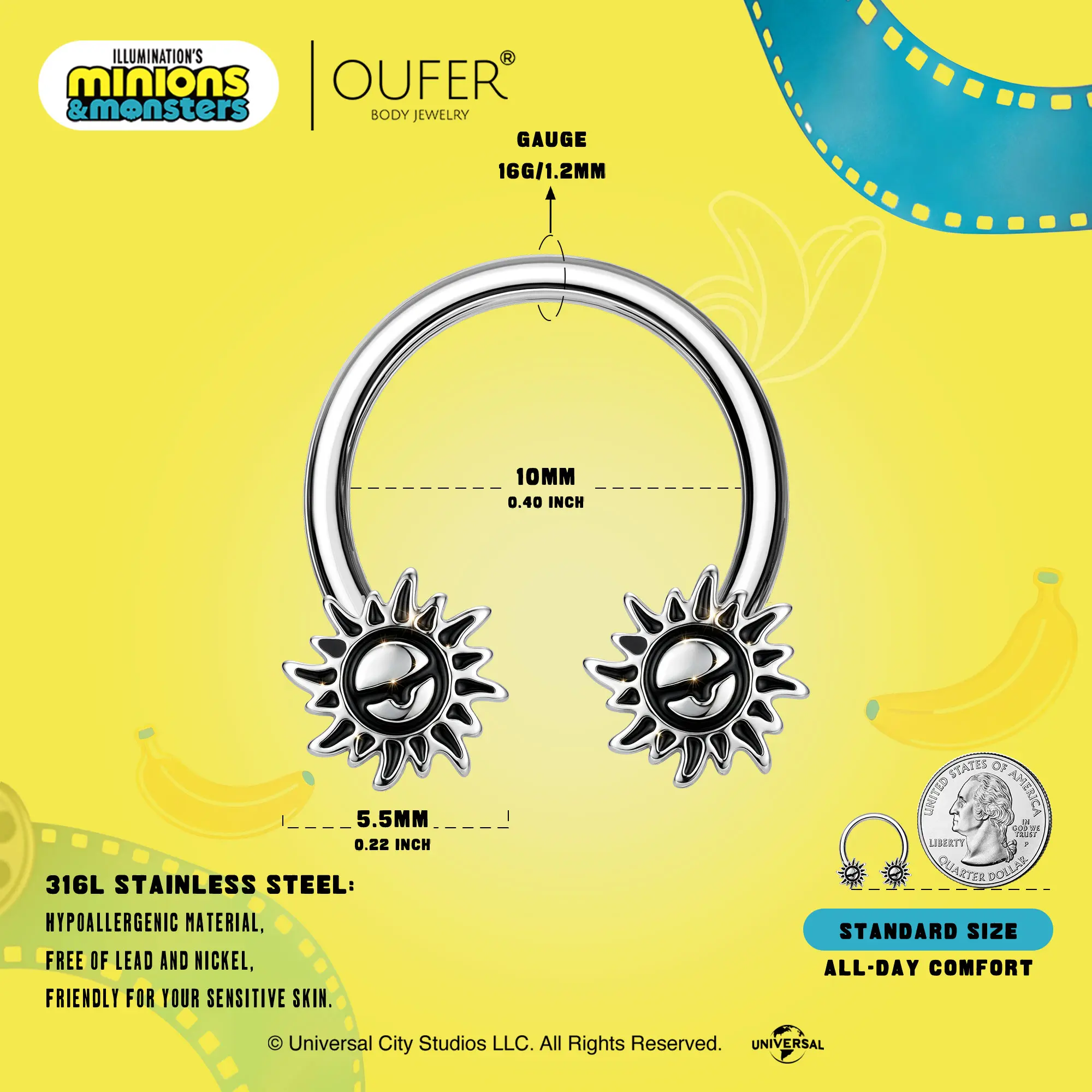 MINIONS × OUFER Sun Symbol Horseshoe Septum Ring Daith Ring