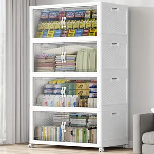 Broview V20 300QT/400QT/640QT Extra Large Stackable Storage Bins with Lids, Clear Plastic Closet Organizer Cabinet with Lid and Wheels, Collapsible Latch Boxes Folding Drawer with Door for Home Kitchen Room Organization