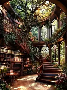 AIBOERL 5D Full Drill Round Diamond Art Cross Stitch Kit, Magical Tree House Library Staircase Scenery, Stress Relief DIY Needlework for Adults, Home Wall Decor