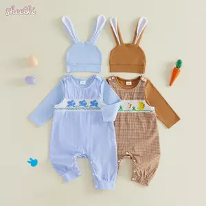 Baby Boy Easter Outfit Solid Long Sleeve Romper Plaid Bunny Overall Pants and Ears Hat 3 Piece Spring Set