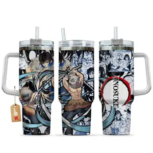 Demon Slayer Hashibira Inosuke with Beast Breathing 40oz Tumbler – Stainless Steel Travel Mug with Handle, Straw, Insulated, Manga, Anime Lover, Kimetsu No Yaiba Gift for Men and Women