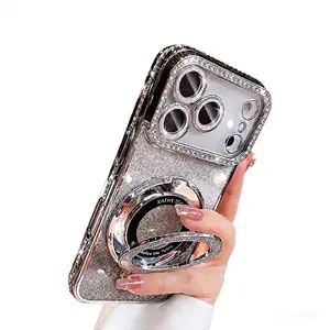 Luxury Bling Glitter Camera Rhinestone Ring Holder Gradient Sequins Plating Phone Case Compatible With IPhone 17 Pro Max Air 16 15 14 13 12 Pro Max Mini Girl And Women Orange Silvery Pink Bracket Case