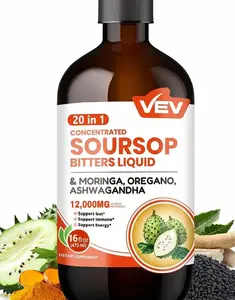 VEV Soursop Bitters Liquid, Graviola Extract Sugar-Free Formula, 20 IN 1, with Black Seed, Moringa & Oregano, Digestive Health & Immune Function, Stress Relief, Sleep Support, Vegan -16 oz