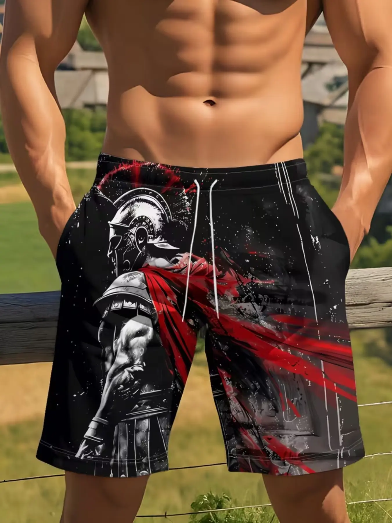 Spartan Warrior Print Graphic Casual Wear Shorts, Cape Accent, Cool Style, Casual Fitted Beach Pants, Drawstring Waist, Low Waist, H Type Silhouette