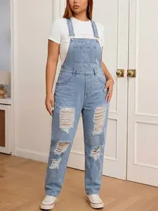 Plus Size Women's Fashion Casual Drawstring Overalls Pants, Long Fitted Ripped Plain Style, All Seasons Wear, Loose Fit, No Elastic Denim Material