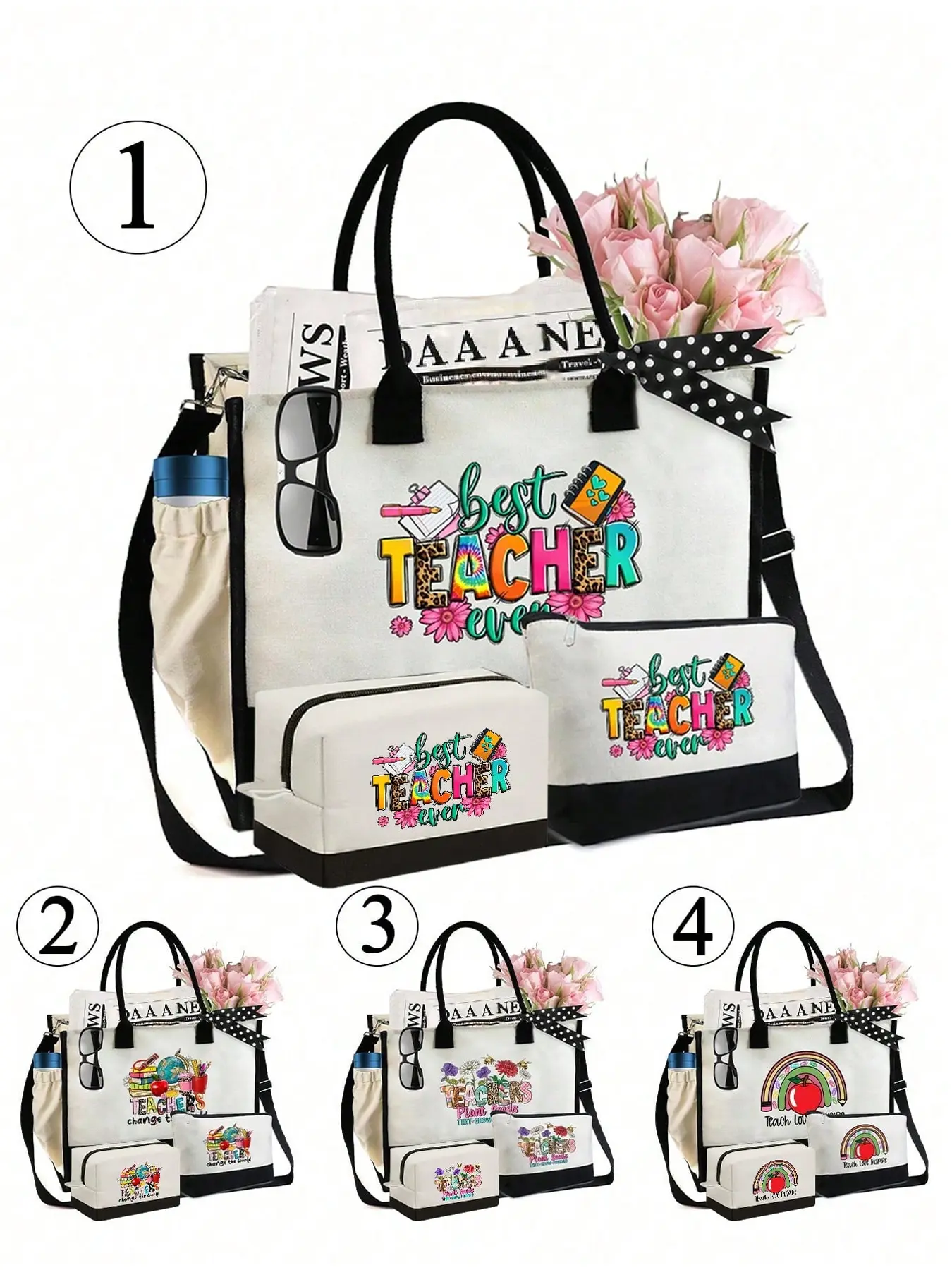 Women's Fashionable Tote Bag with Makeup Pouch and Storage Bag, 4 Styles Available, Teacher Letter Print Handbag, Perfect Gift for Teachers, Stylish Tote Bag, Tote Bag Set