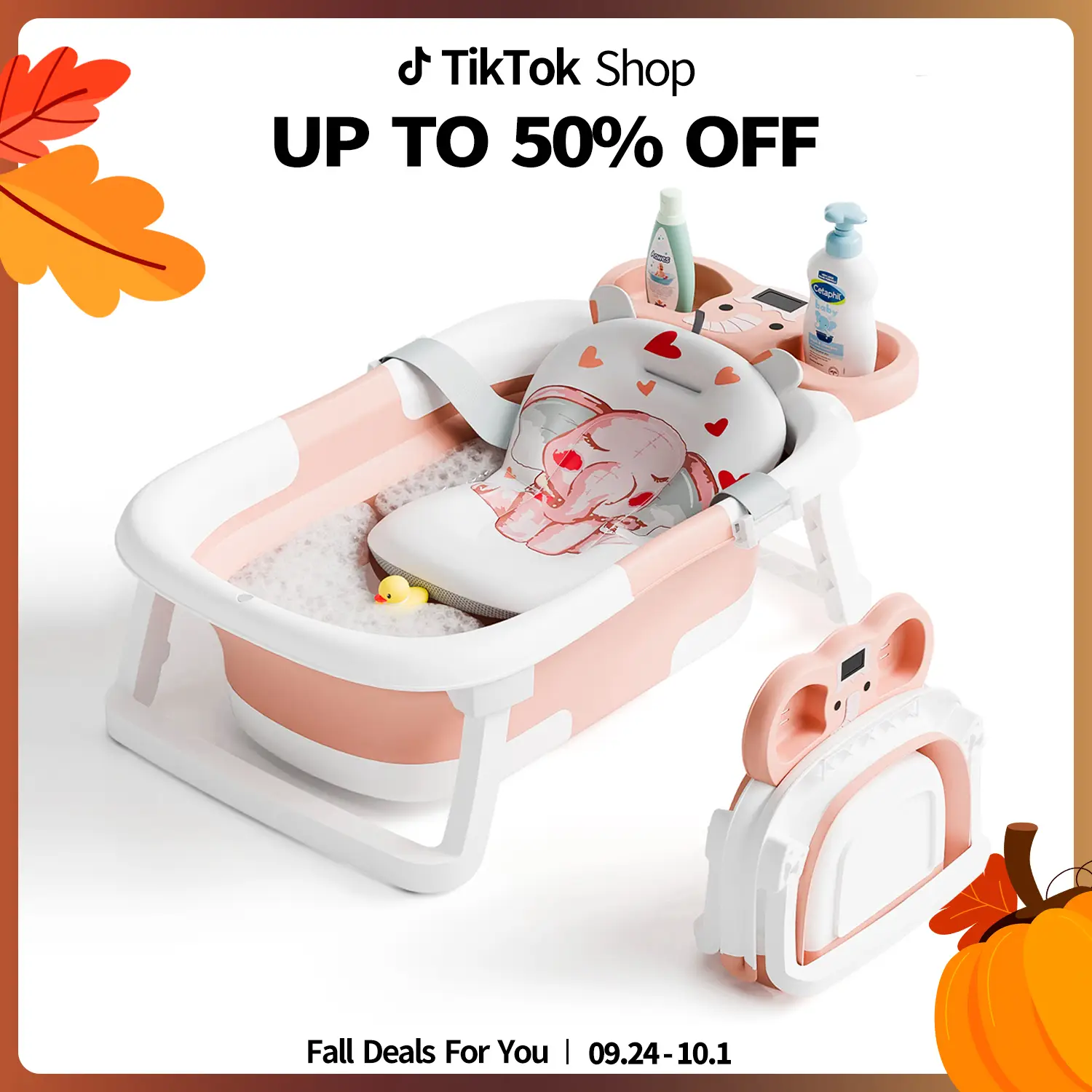 Collapsible Baby Bathtub with Real-time Temp Monitor + Floating Cushion, Foldable Baby Bath Tub Set - Perfect Portable Travel Baby Tub Cute Care