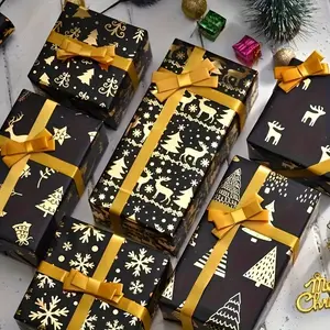 6 Rolls Luxury Black & Golden Christmas Wrapping Paper with Golden Foil Sheets - Heavy-Duty Reindeer, Snowflake & Tree Patterns Gift Wrap Roll (19.7x27.5in) for Birthdays, Parties, Cards - Compatible with Tape Dispensers & Gift Packaging Tools