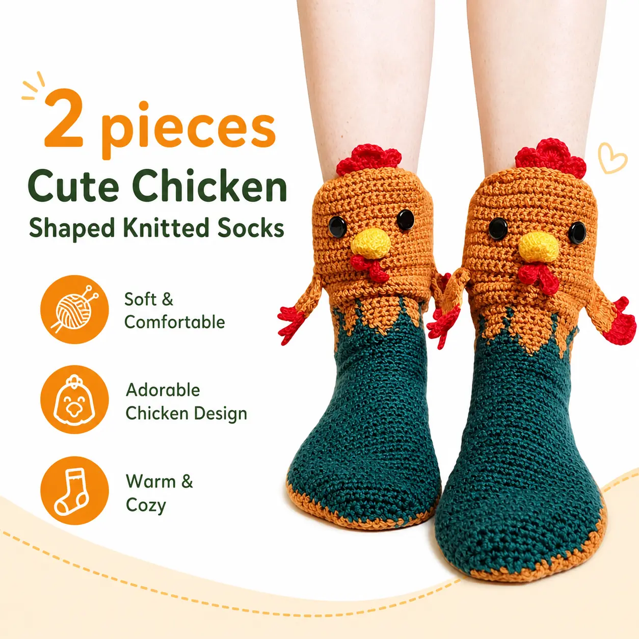 Women's Animal-Print Multi-Color Patchwork Knitted Footwear, 2-Piece Cute Chicken-Shaped Acrylic Socks, Soft Elastic Non-Skid Sole for Casual Lounge & Bedroom, Gift Option, Check