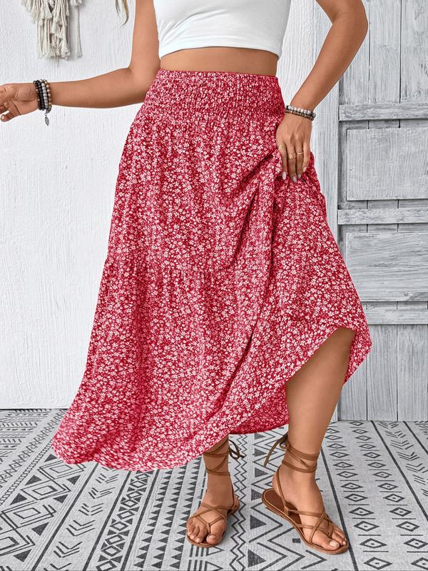Plus Size Floral Midi Skirt - Smocked Waist, Side Pockets (Casual/Work)
