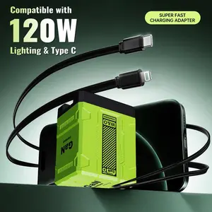 120W Fast Charging Adapter 2-in-1 with Expandable Type-C & Lightning Cable for iPhone 16 iPad MacBook & Folding Carts Portable & Compatible