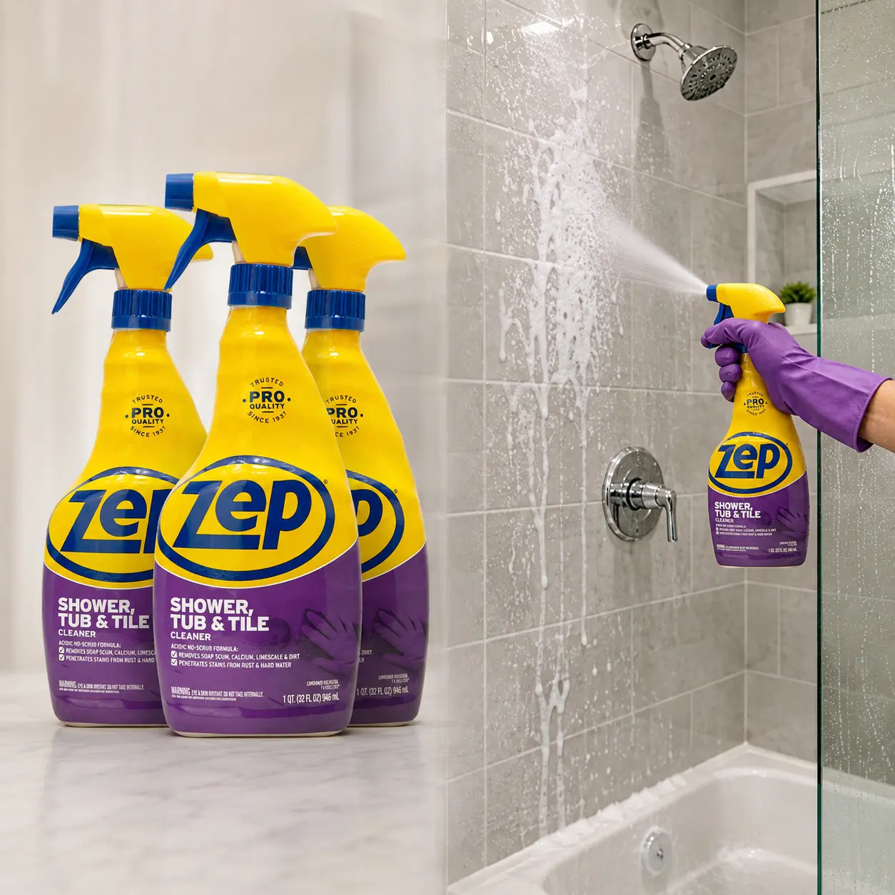 ZEP 32 oz Shower Tub and Tile Cleaner, acid-based no-scrub bathroom spray, dissolves soap scum, hard water stains, rust, calcium, limescale, dirt, tubs, showers, sinks, faucets, ceramic tile, grout, acrylic, fiberglass, porcelain, laminate, Corian, chrome