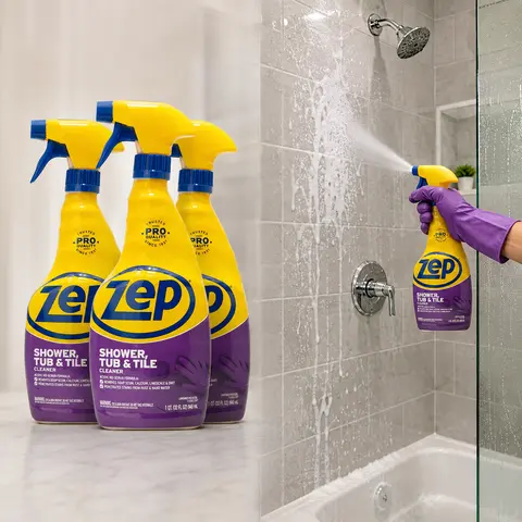 ZEP 32 oz Shower Tub and Tile Cleaner, acid-based no-scrub bathroom spray, dissolves soap scum, hard water stains, rust, calcium, limescale, dirt, tubs, showers, sinks, faucets, ceramic tile, grout, acrylic, fiberglass, porcelain, laminate, Corian, chrome
