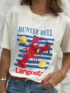 Y2K Lobster Lemon Print T Shirt Women, Nautical Stripe Oversized Casual Tee, Cute Seafood Themed Summer Top for Beach, Daily Wear #springsaledeals2026 #summeroutfits #fyp #cutefashion