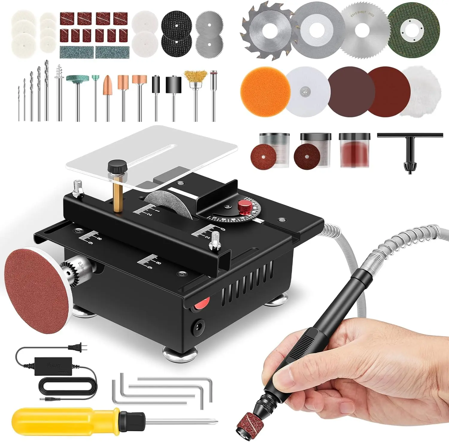 Mini Multi Functional Table Saw, mini Table Saws for Crafts,Portable Mini Desktop Electric Saw for Wood Cutting, Height& Angle Adjustable with More Accessories, for Wood, PlasticAcrylic Cutting (225PC5 ) Carbide Saw Blades Power Tools