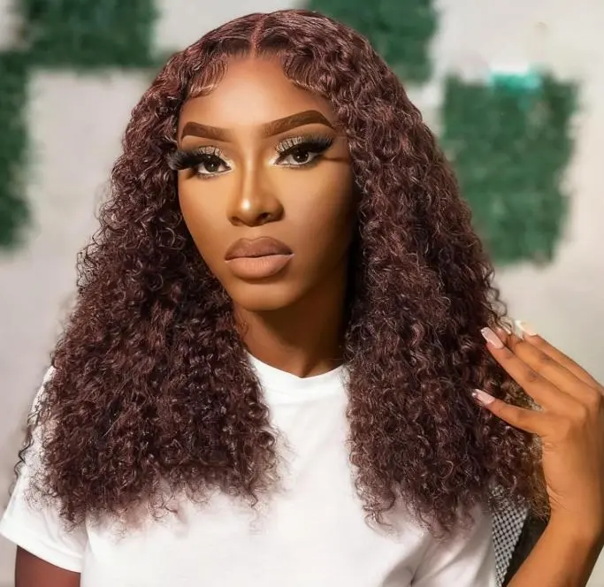 Cute Curls Chocolate Brown Kinky Curly Wig Human Hair, Wear & Go Glueless Wig, 13x4 HD Lace Front, Pre-cut Lace, Bleached Knots, Pre-plucked Hairline