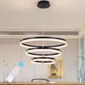 3-Ring Modern Black LED Dimmable Crystal Chandelier Light Fixture, Acrylic Pendant Lighting for Dining Room, Bedroom, Kitchen