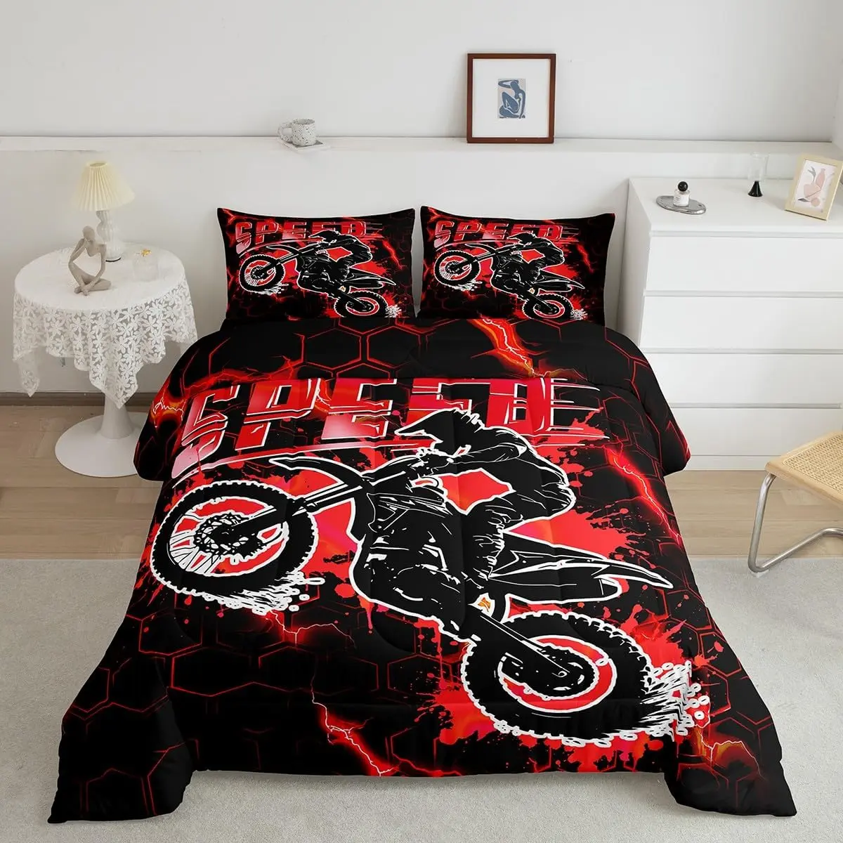 Feelyou Red Dirt Bike Motocross Bedding Set - Machine Washable, Multi-Size Extreme Sports Duvet Quilt with Motorcycle Print for Bedroom Home Decor