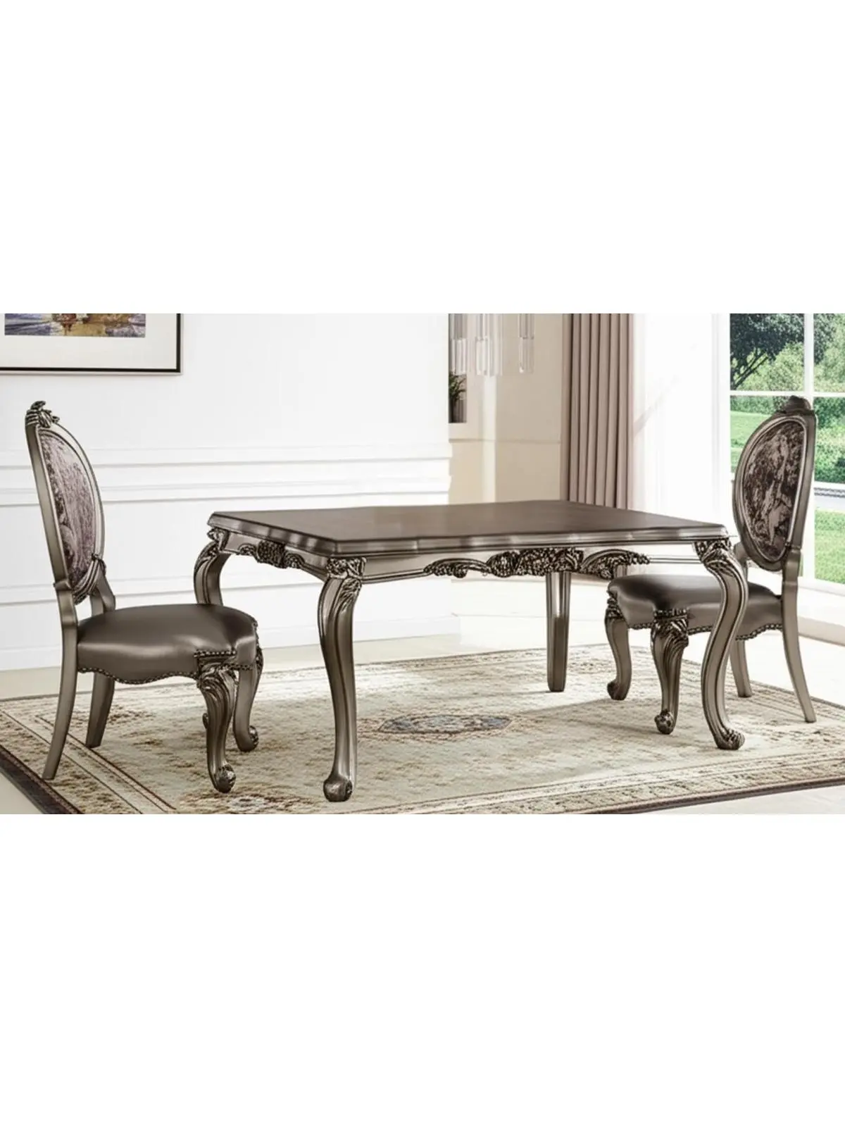 212 MAIN King Louis Back Upholstered Dining Side Chairs (Set of 2) - 46x21x25 in, Silver & Platinum Faux Leather, Solid Wood, Transitional Style, Antique Finish, Nailhead Trim, Full Assembly Required, Upholstered Dining Chairs