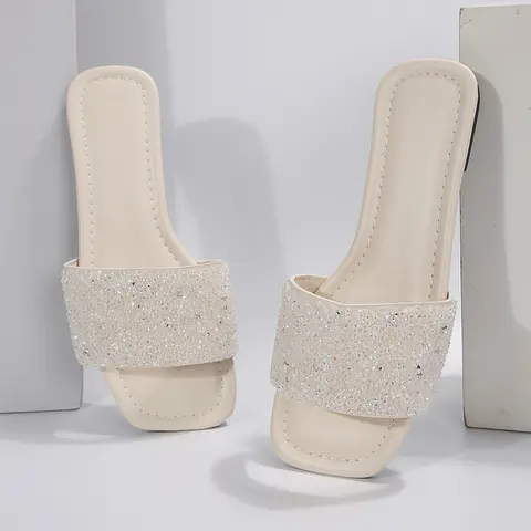 Women's Fashion Rhinestone Slide Sandals Open Summer Dressy Slippers Square Toe Slip On Flat Sandals Summer Vibes