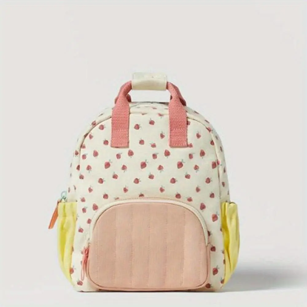 Personalizable Kids' Backpack with Strawberry Embroidery, Cute Unisex Canvas Toddler Bag, Lightweight Stroller Gift with Zipper Closure, 27X22x8cm, No Wheels, Embroidered, Handle Straps, Strawberry Embroidered, Toddler Size