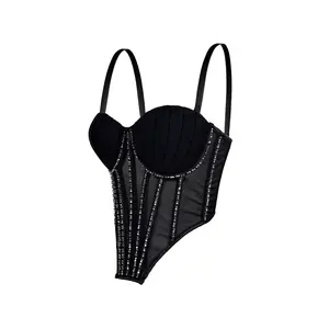 2026 Women's  Sexy Mesh Camisole with Chest Pads, Wearable Outside, Shiny Diamond Fishbone Shaping Bra，halter tops