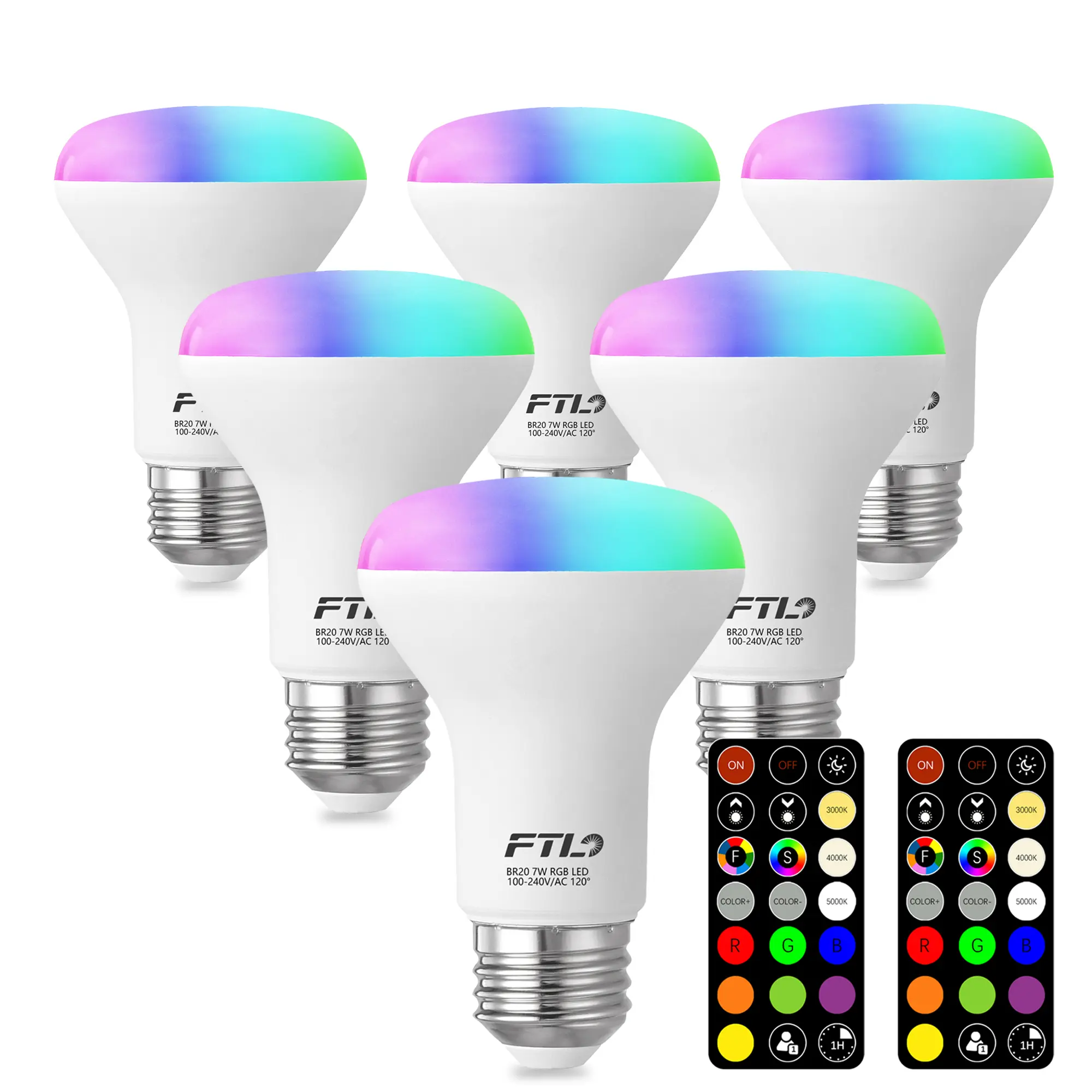 6-Pack BR20 LED Bulb Color Changing Light Bulb with Remote Control Dimmable RGB Colored Light Bulbs 7W=60W 2700K-6000K Timer Color Flood Light Bulbs for Recessed Can Lighting