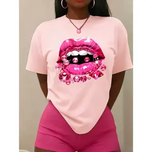 100% Cotton Women's Casual Short Sleeve T-Shirt, Shiny Pink Lip Print and Gemstone Pattern, Round Neck Summer Top, Machine Washable Regular Fit Shirt, Women's T-Shirt, Fun Design Shirt, Loose Style, Fashionable T-Shirt, Lightweight Printed Top, Adult Wear