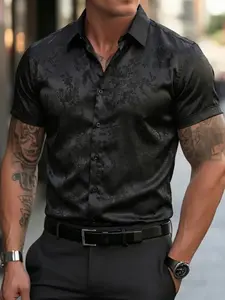 Tailored Fit Black Silk Button Down Shirt for Men | Wrinkle-Resistant Breathable Satin Fabric | Floral Jacquard Short Sleeve for Business Casual, Wedding Guests & Urban Style | Casual Stylish Menswear