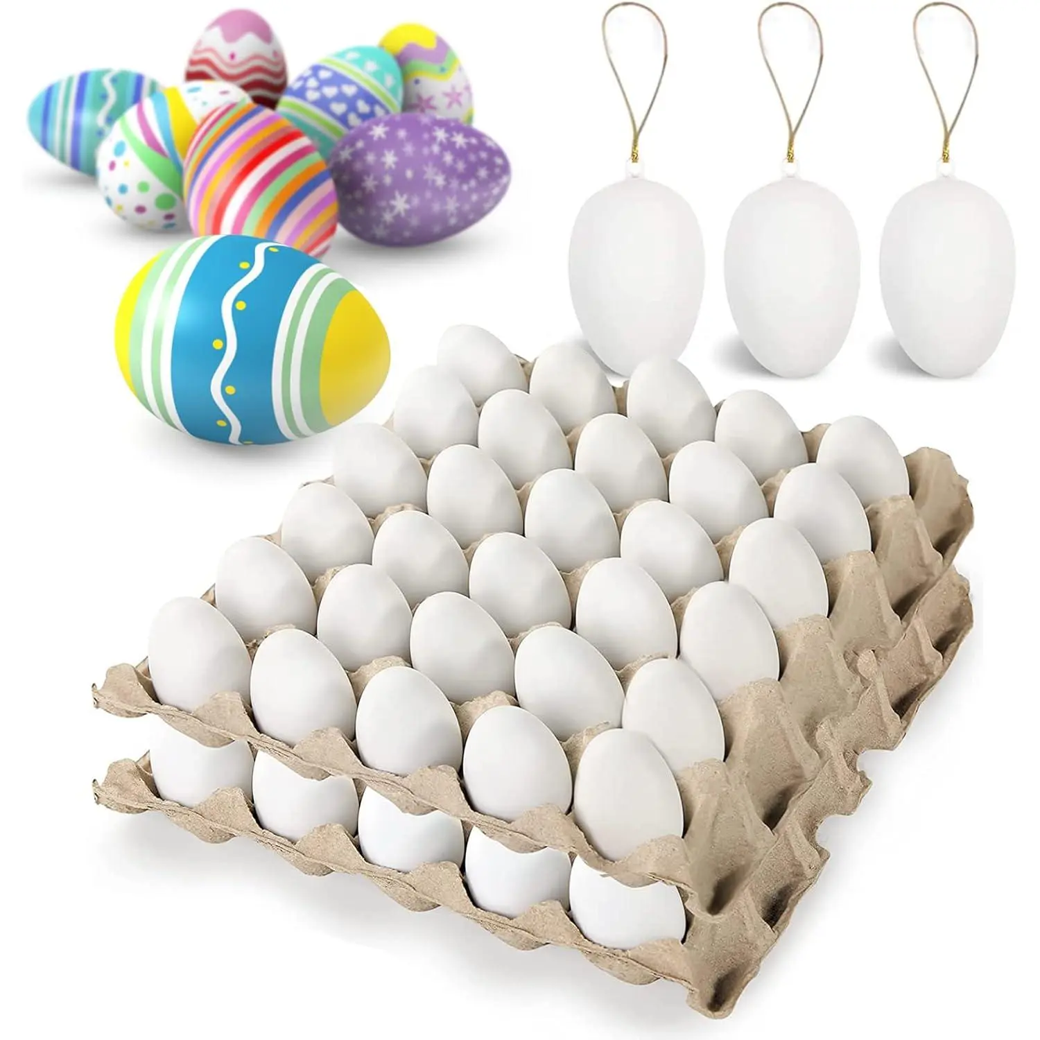 60 Pcs Hanging White Eggs for Decorating  Plastic Easter Paintable Egg DIY Crafts Gift Party Favor