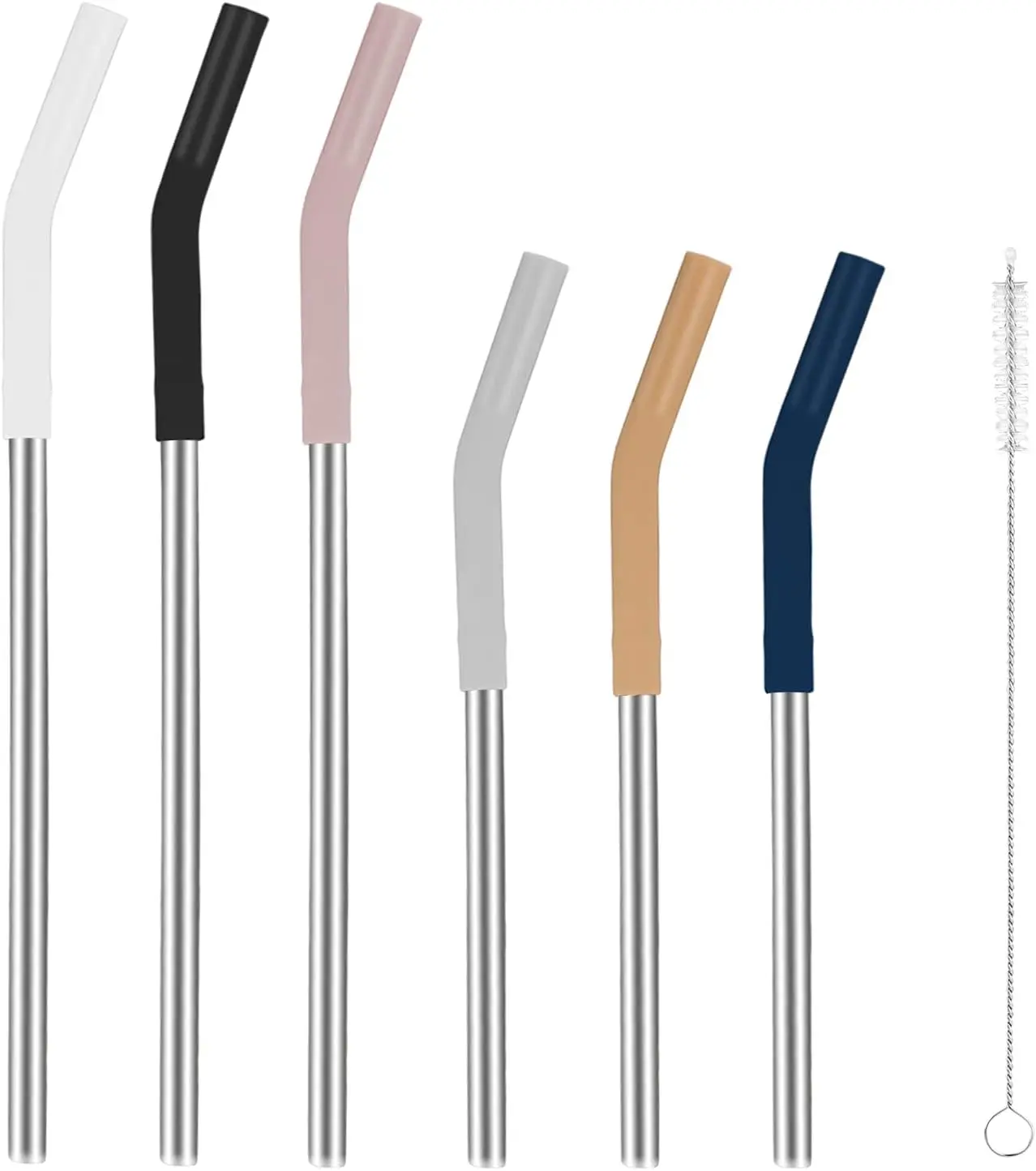 Set of 6 Stainless Steel  Metal Straws with  Flex Tips Elbows Cover, Metal Drinking Straws for  Tumbler,3 long/ 3 short Straw, 6  Tips, 1 Straw Cleaning Brush