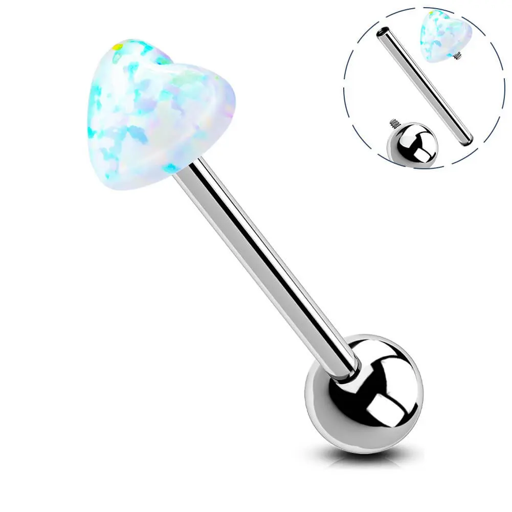 Oufer 14G Implant Grade Titanium Aurora White Heart Top Internally Threaded Barbell Tongue Ring