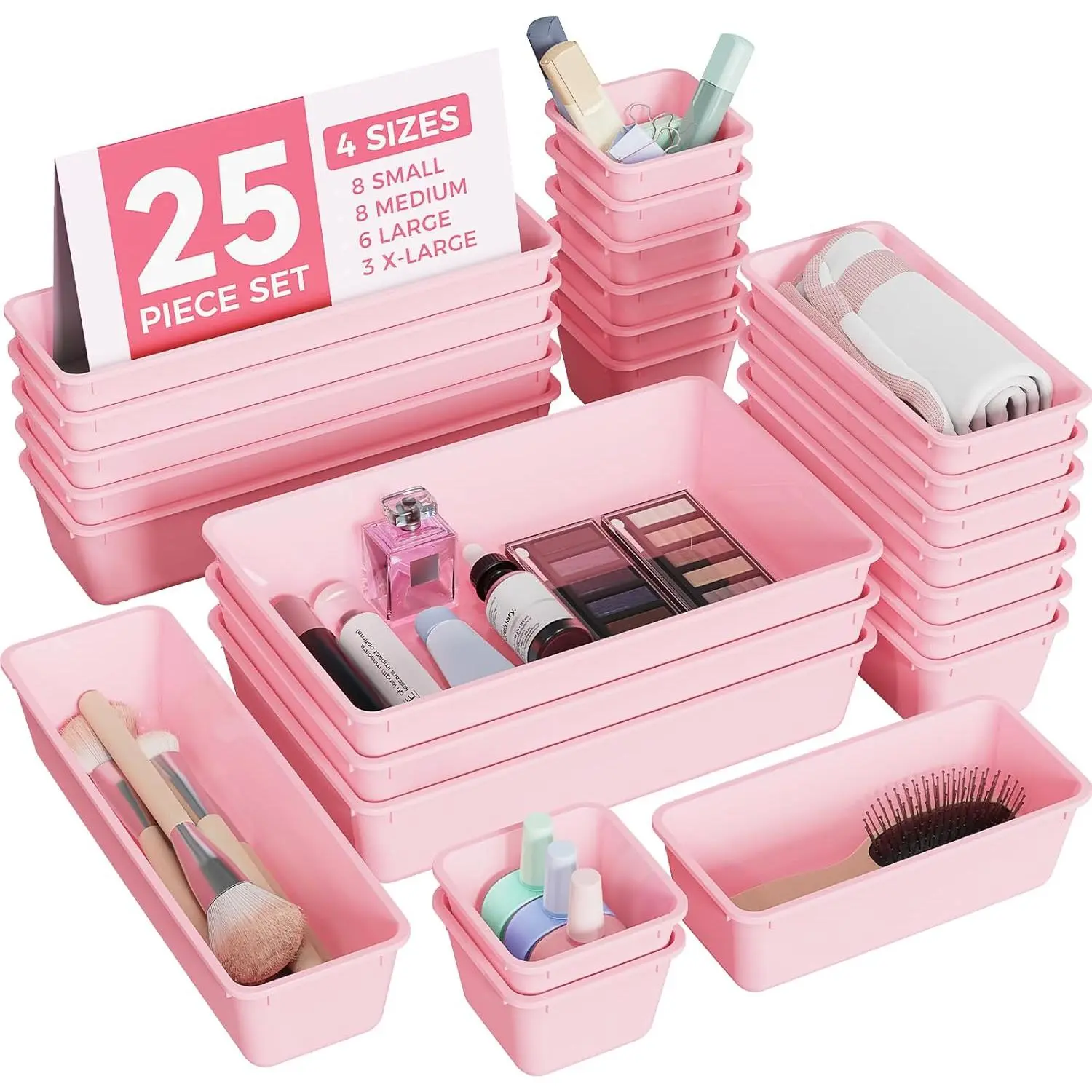 25-Piece Plastic Drawer Organizer Set, 4 Sizes Vanity & Makeup Organizer, Desk & Bathroom Drawer Organizer Trays, Organizers & Storage for Makeup, Jewelry, Gadgets, Utensils (Pink)