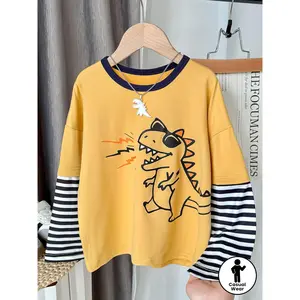 Boys' Patchwork Color-Block Drop-Shoulder Long-Sleeve T-Shirt, Little Boys' Spring and Autumn Round-Neck Dinosaur Pattern Clothing, Children's Loose Fashionable Soft Comfortable Casual Top Suitable for Outdoor Sports