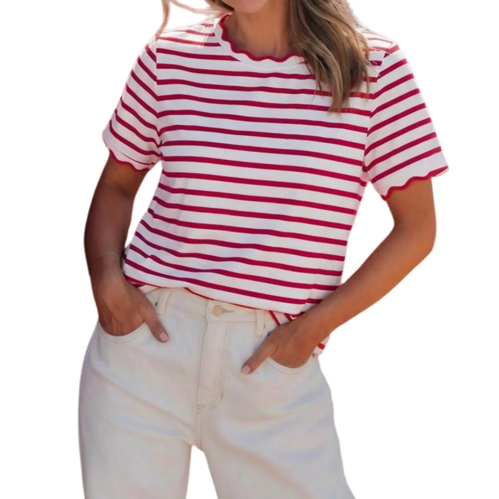 Asvivid Women's Striped Scalloped Trim Round Neck Short-Sleeve Casual Cotton T-Shirt, Cute Everyday Tops for Women #DealsForYouDays