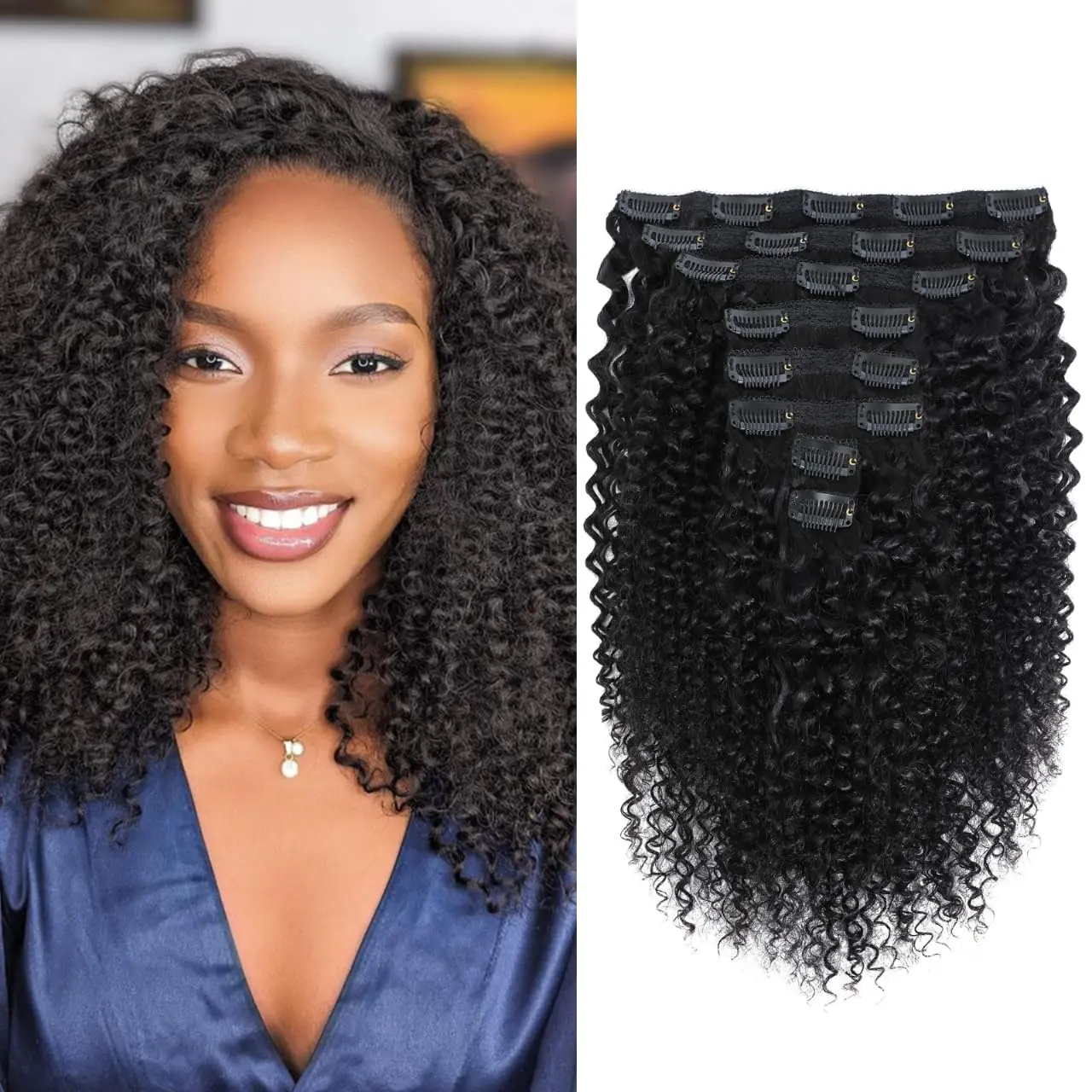 Kinky Curly Clip ins Human Hair 3C 4A Curly Clip in Hair Extensions for Black Women 8Pcs with 20Clips 100g/set 10A Brazilian Human Hair Natural Black 16 Inch