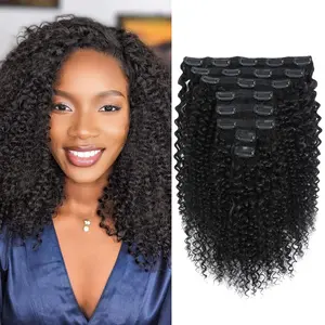 Kinky Curly Clip ins Human Hair 3C 4A Curly Clip in Hair Extensions for Black Women 8Pcs with 20Clips 100g/set 10A Brazilian Human Hair Natural Black 16 Inch