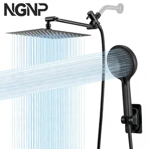 NGNP European Boost High Pressure Rainfall Shower Head Combo with 10" Rainfall Showerhead & 5-Mode Handheld Spray, Adjustable Brass Arm, 5-Way Flow Regulator, Supplier Warranty