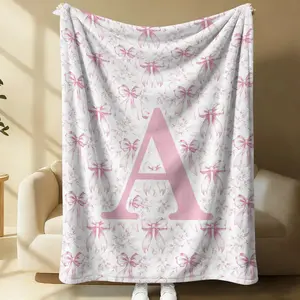 Multiple Size Vintage Floral Coquette Pink Bow Monogram Flannel Throw Blanket, Ultra Soft Plush Anti-Pilling, Cozy Warm, All Season Use, Bed Sofa Couch Travel Gift Decor