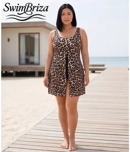 Briza｜Plus Size Tankini One Piece Bathing Suit Women Leopard Print Tummy Control Swimsuit with Skirted Dress Overlay, Modest Swimwear for Vacation Cruise Beach Pool Resort Summer, Women's Swimwear, Bathing Suit for Women, One Piece Swimsuit