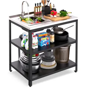 36"H outdoor kitchen sink station, outdoor sink with hose hookup, stainless steel outdoor utility sink with countertop, freestanding laundry sink for backyard, garage, patio, restaurant