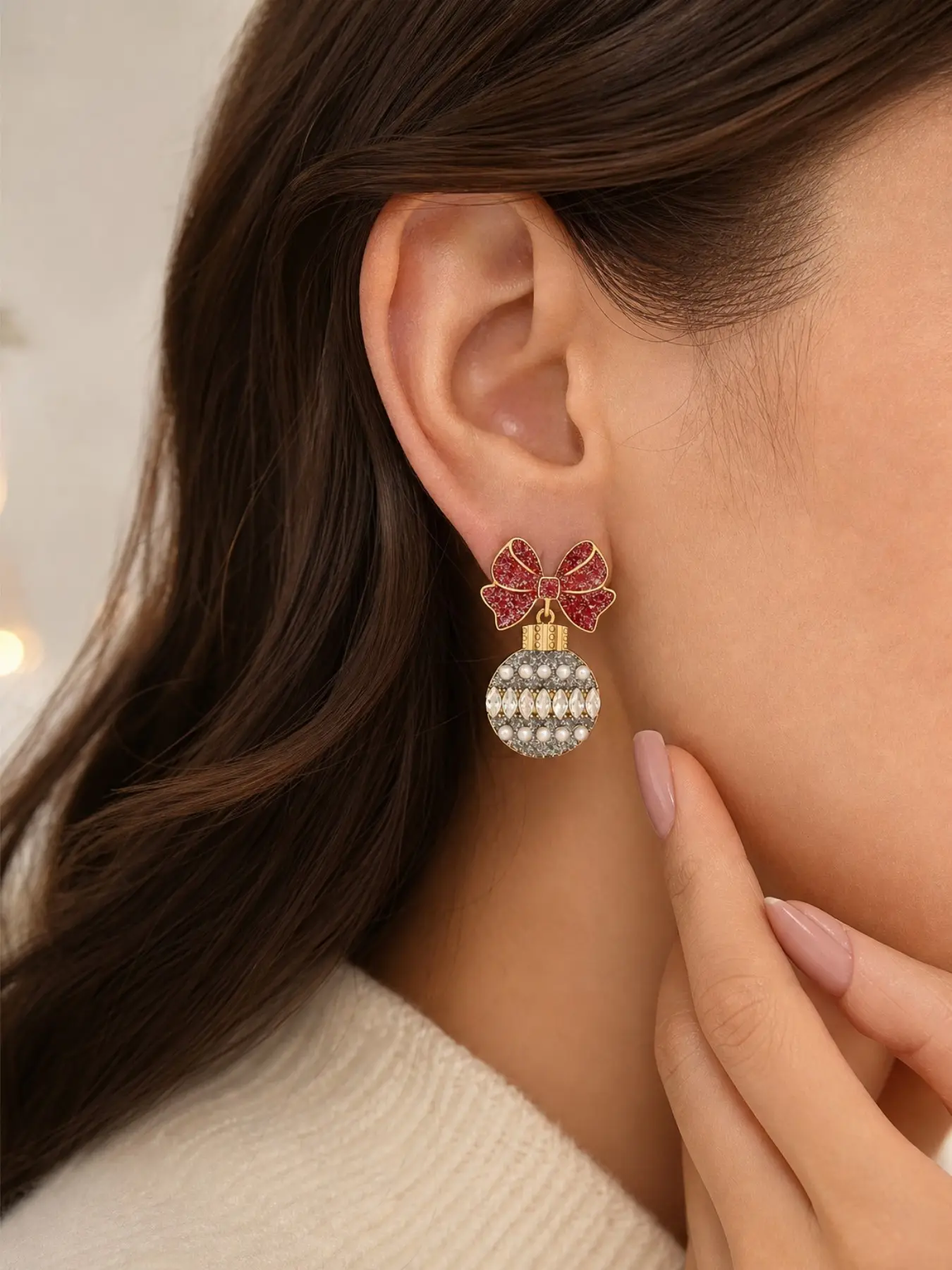 Sparkling Christmas disco ball statement earrings, pink bow design, diamond-style embellishments, a perfect Christmas gift.