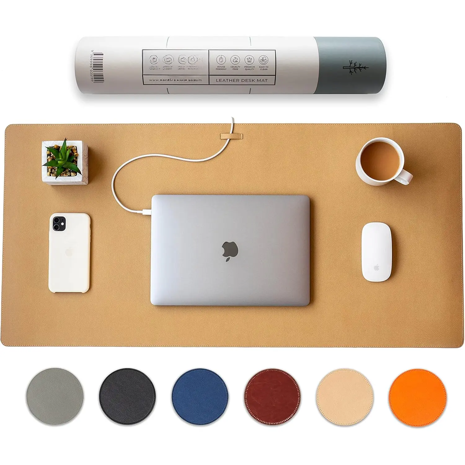 Leather Desk Mat  Organizer - Champagne Beige 35 X 17 inch -  Extended  Mat for Home Office Accessories - Non-Slip Vegan Leather Desk Pad Protector & Desk Blotter Pad