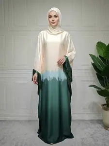 New Muslim Women Gradient Fringe Satin Abaya Long Robe, Bat Wing Sleeves, Elegant Loose-Fit, Casual All-Over Print Dress, Islamic Abaya Dress, Batwing Sleeve Abaya