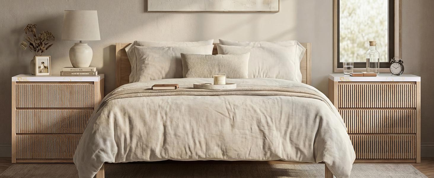 Sikaic 31.5” Wide Oversized Fluted Nightstand, Slatted 27.6”Tall Night Stands, Extra Large Wood Bedside Table, 3 Drawers, Mid-Century Modern End Table Bedroom, Living Room, Thickened Sikaic 31.5” Wide Oversized Fluted Nightstand, Slatted 27.6”Tall Night Stands, Extra Large Wood Bedside Table, 3 Drawers, Mid-Century Modern End Table Bedroom, Living Room, Thickened