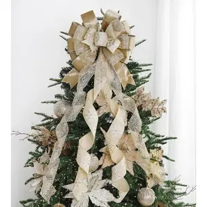 Christmas Tree Topper Bow Champagne Gold Christmas Bows 13 inch x 45 inch Large Snowflake Velvet Bows for X-mas Ornament, Wreaths, Staircase, Mantel, Home Decor