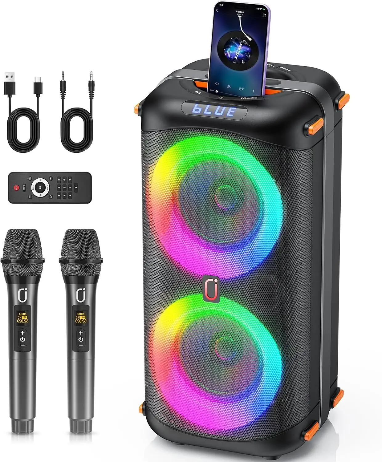 , Portable Bluetooth 5.3 Karaoke Speaker for Home Outdoors, PA System for Adults with Echo Adjustment/LED Lights, Support TV/USB/AUX/T