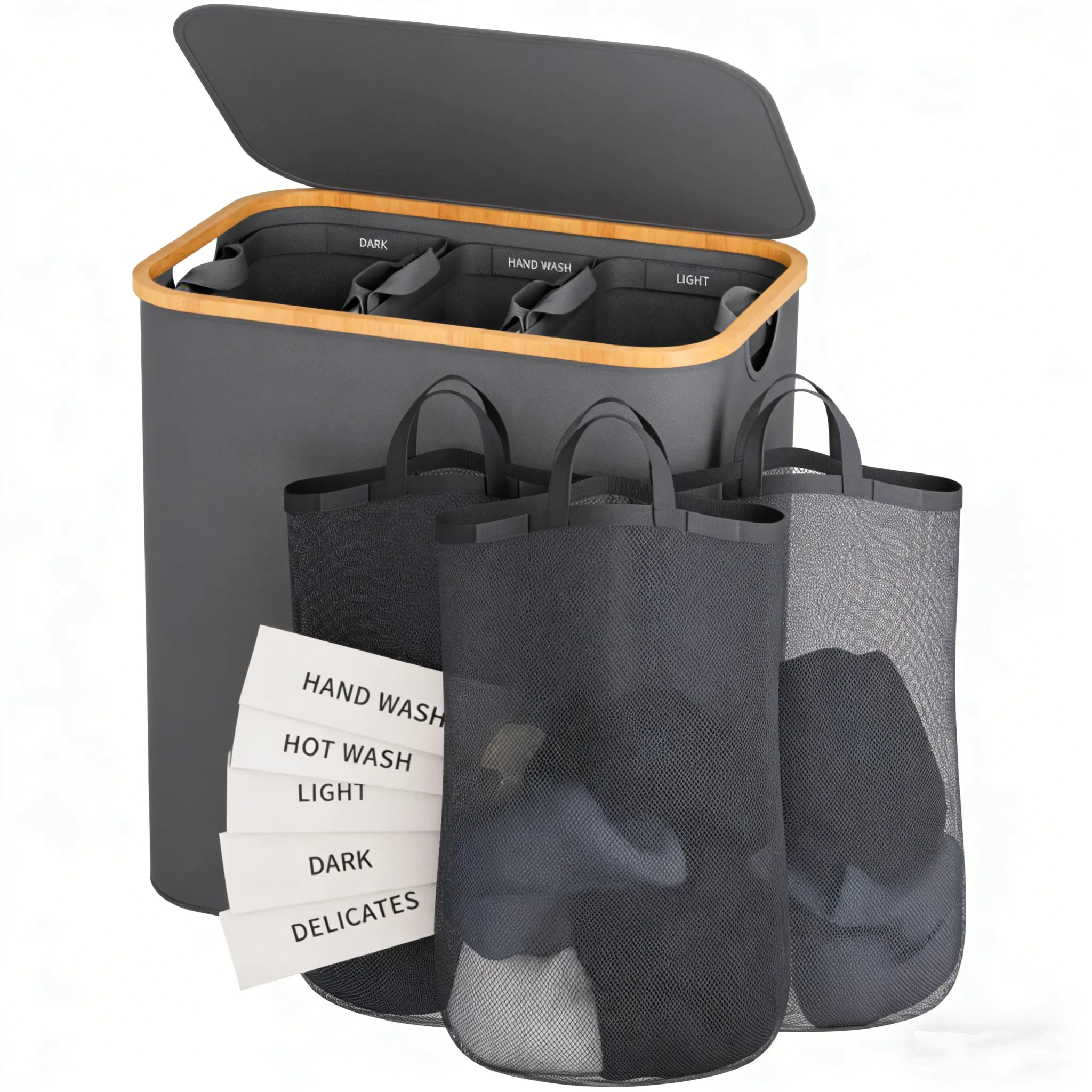 Eco-Friendly Bamboo Folding Laundry Hamper Organiser - 160L High-Capacity, Sturdy, Breathable with 3 Mesh Bags, Easy Install for Bedroom, Dormitories